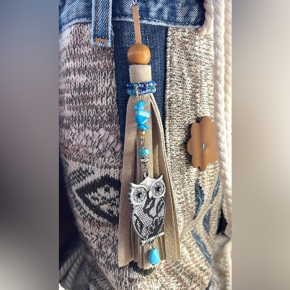 Bag leather tassel charm, turquoise natural stones, and premium metal beads